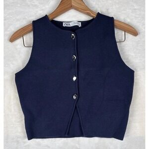 ZARA Womens S Navy Knit Button Vest Top Sleeveless Cropped Waistcoat Versatile